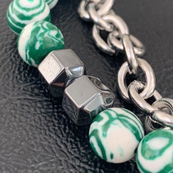 Men’s Malachite Green & Hematite Black Beaded Bracelet with Silver Chain - Picture 4 of 9